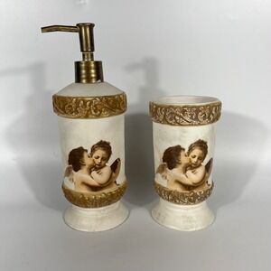 Vtg 90s Y2K Cherub Angel Bathroom Set Soap‎ Dispenser Tumbler Cup Fairy Boho